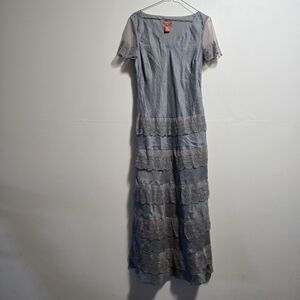 Vintage Sundance 100% Linen  Blue and Gray Lace Maxi Dress